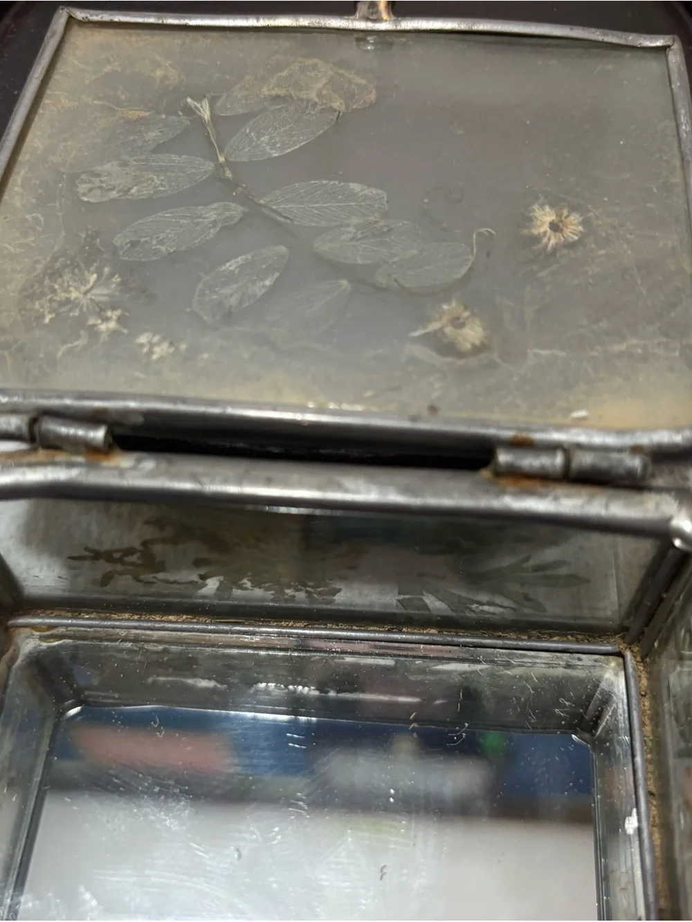 Vintage Leaded Glass Trinket Box with Dried Flowers